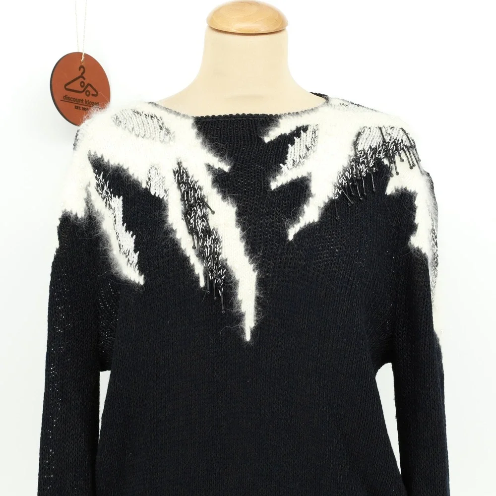 Vintage Magnolia Black White Angora Beaded Pearl Knit Sweater Womens Size Medium